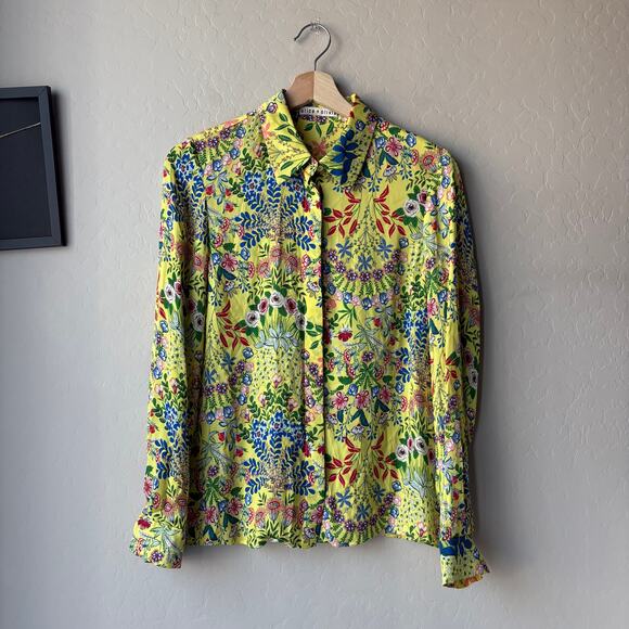 Alice and Olivia Button Down Top Willa Yellow Floral Print Blouse Size Small - Picture 2 of 7